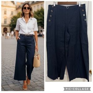 Ann Taylor Wide Leg High Rise Crop Linen Blend Blue Nautical pants size 14T
